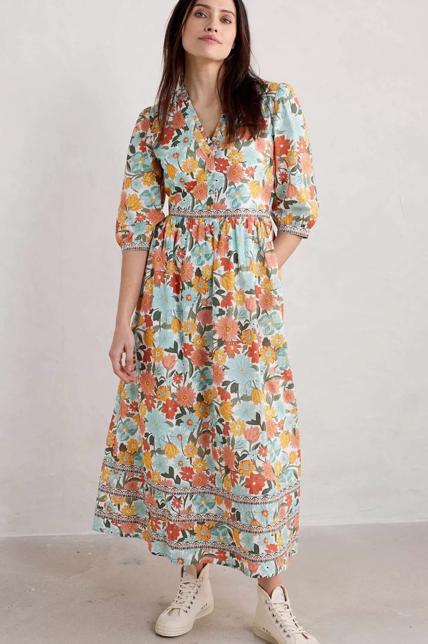 Women Seasalt Cornwall Blue Hills Border V-Neck Floral Dress