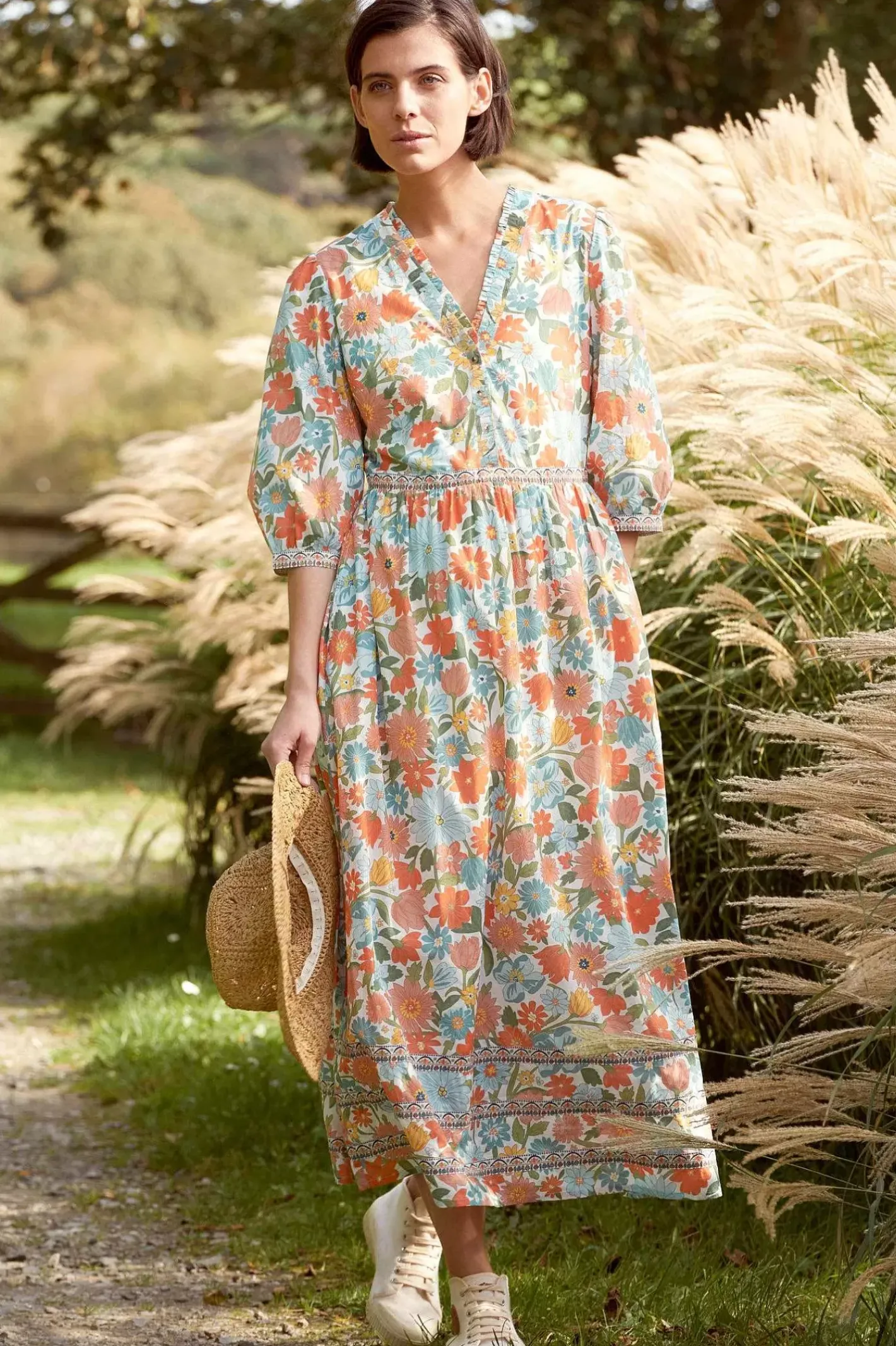 Women Seasalt Cornwall Blue Hills Border V-Neck Floral Dress